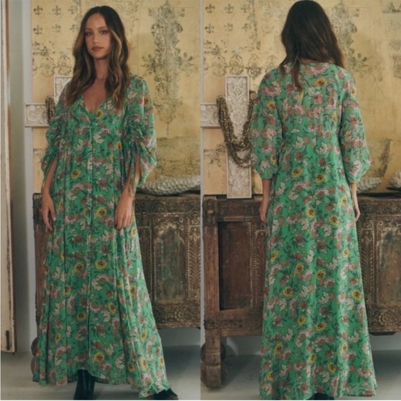 Free People Dresses & Skirts - Free People green Long sleeve sheer floral fall Maxi Dress
